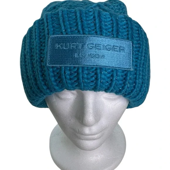 London Metallic Knit Cuffed Logo Patch Beanie Brand New! Women display picture 2